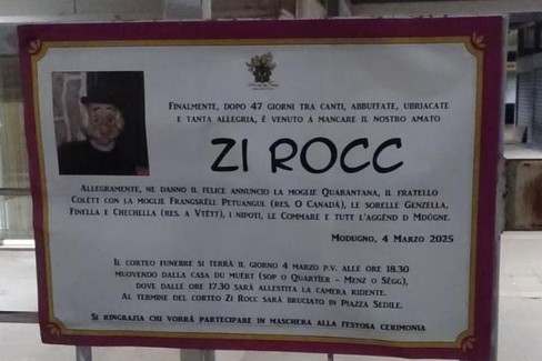 Il manifesto funebre di Zi Rocc. <span>Foto facebook.com/rocco.ciampaglia</span>